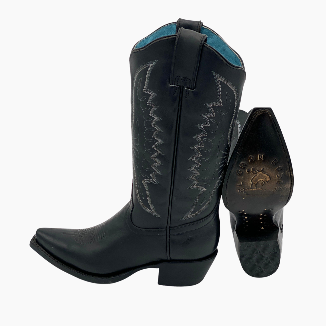 Bota Vaquera Mujer Waxi Negra Suela de Cuero